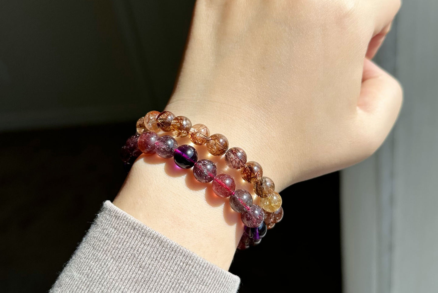 8.5mm+, Certified Natural High Grade Natural Multicolor Rutilated Quartz bracelet, Rutilated Beads bracelet, 天然高品质彩发晶手串