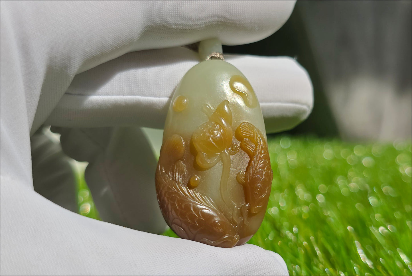 Certified Natural High-Quality Qiemo Sugar-White Nephrite Jade Hand Carved Lotus & Koi Pendant, 天然且末糖白手工雕刻莲花鱼吊坠