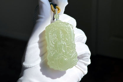 Certified Natural Green Qingshui nephrite jade Carved Thousand-Armed Avalokiteshvara Pendant, Nephrite Jade Guanyin, 天然绿晴水和田玉雕刻千手观音正装牌子吊坠