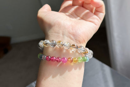 9.5mm, Natural Skeletal Herkimer Diamond Round Beads Bracelet, Herkimer Diamond Bracelet, 天然骸骨闪灵钻圆珠手串