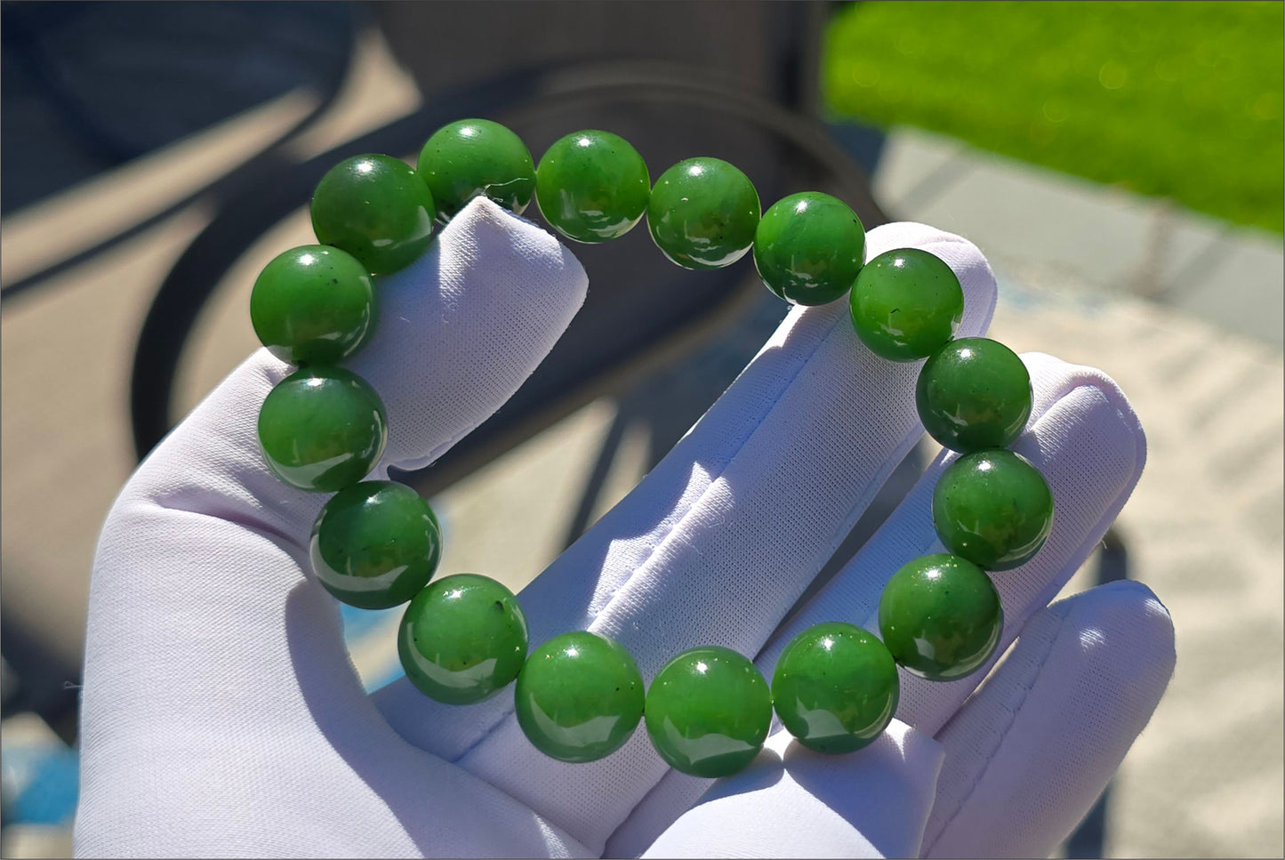12mm, Certified Natural Untreated Green Nephrite Jade Beads Bracelet, 天然阳绿碧玉手串