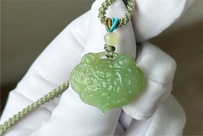 Certified Natural Emerald-Green and Qing Shui Nephrite Jade Peace Lock Pendant | 天然晴水带翠软玉雕刻平安锁吊坠