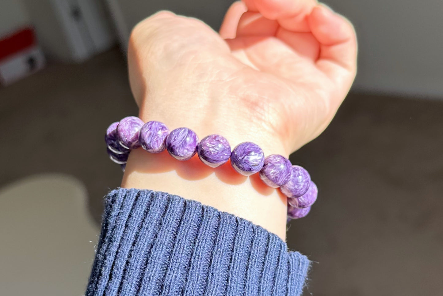 11mm+, Certified Natural Highest Grade Purple Charoite Bracelet, Charoite with Nice swirls patterns, Charoite Bracelet, 天然最高品顶级紫龙晶手串