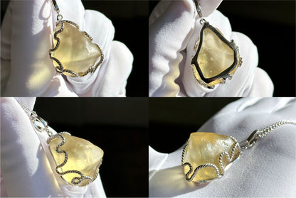 14.526Grams, Natural Authentic Libyan Desert Glass Tektite Silver Wrapped Pendant, Raw Libyan Desert Glass Pendant, 天然利比亚黄金陨石原石吊坠