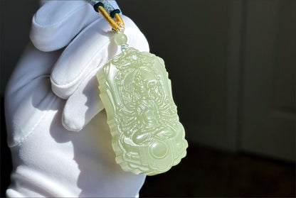 Certified Natural Green Qingshui nephrite jade Carved Thousand-Armed Avalokiteshvara Pendant, Nephrite Jade Guanyin, 天然绿晴水和田玉雕刻千手观音正装牌子吊坠