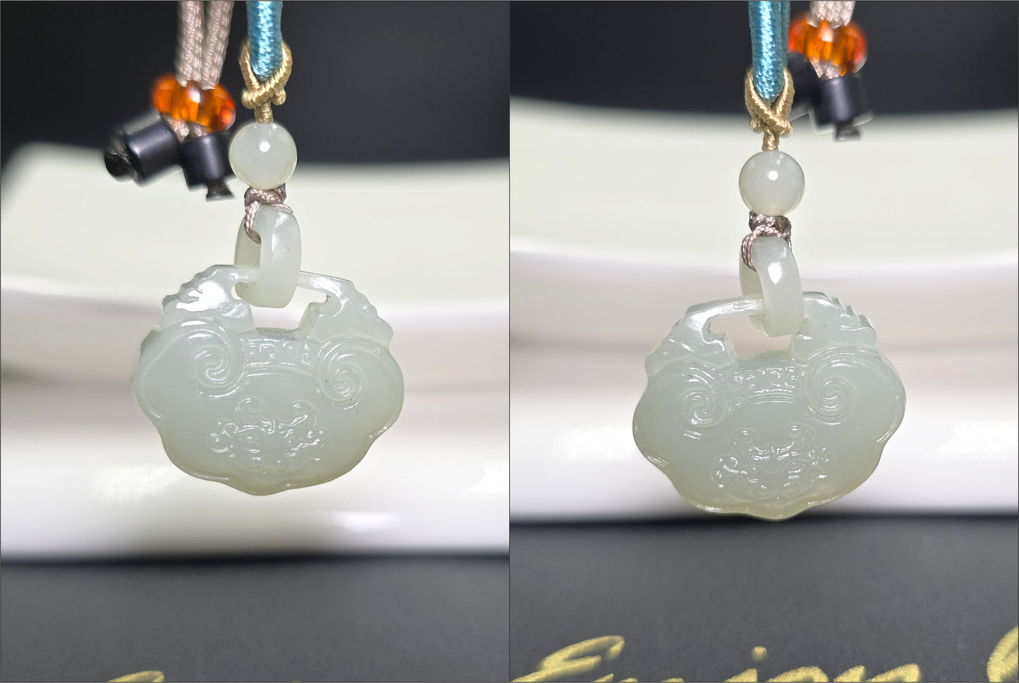 Certified Natural Qiemo Warm White Nephrite Jade Carved Peace Lock Pendant, Ping An Lock Jade, 天然且末暖白和田玉平安锁吊坠