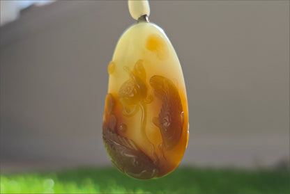 Certified Natural High-Quality Qiemo Sugar-White Nephrite Jade Hand Carved Lotus & Koi Pendant, 天然且末糖白手工雕刻莲花鱼吊坠