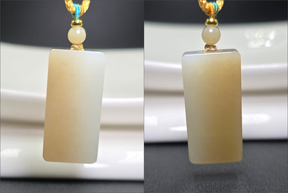 Certified Natural Sugar and White Nephrite Jade Wushi Peace Pendant, 天然高品质且末糖白无事牌