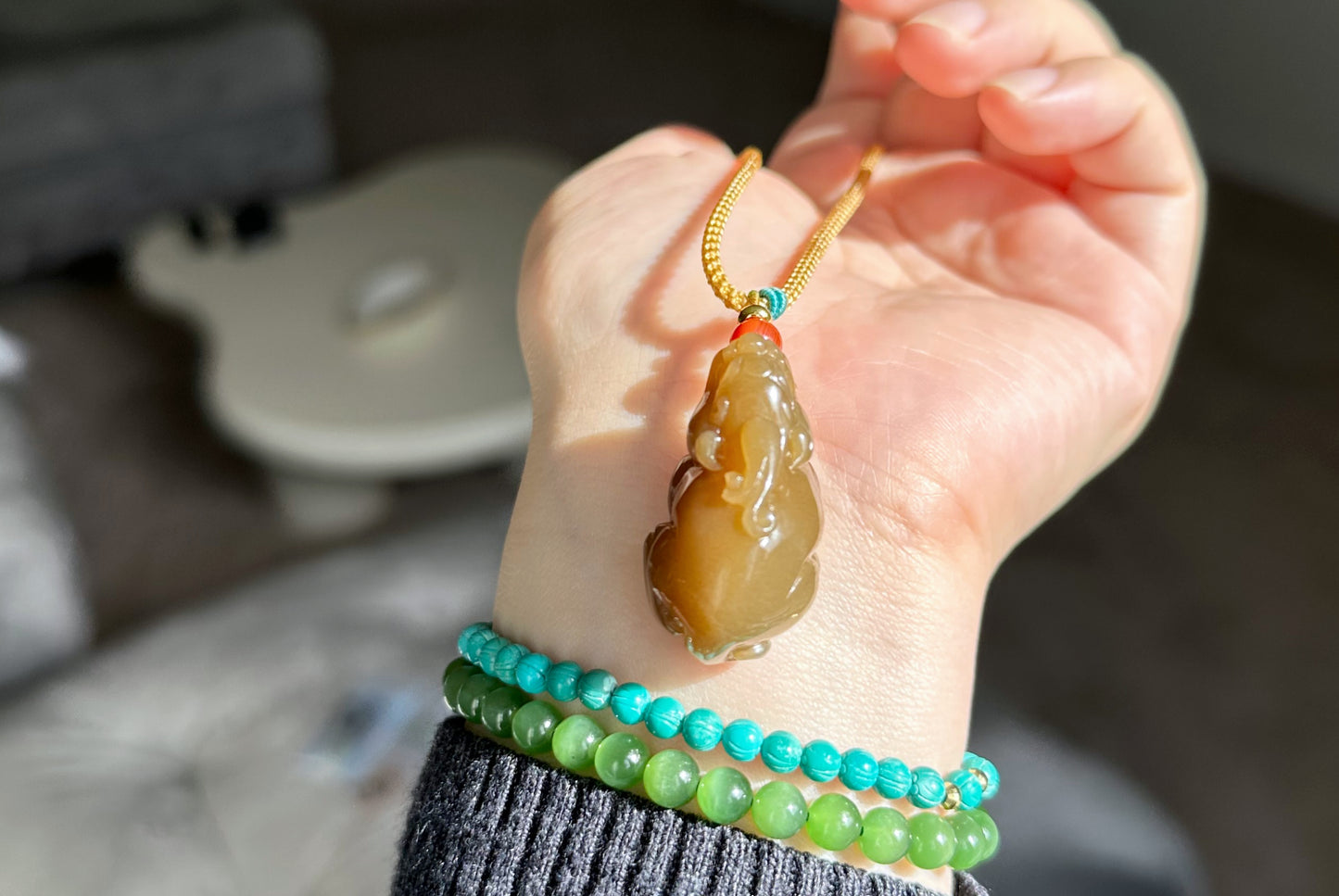 Certified Natural Yellow Sugar Nephrite Jade Hand-Carved Pixiu Pendant, 天然且末黄糖和田玉手工雕刻貔貅吊坠