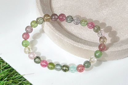 6.5mm+, Certified Natural High Clarity Multi Color Tourmaline Bracelet, Old Mine Brazillian Tourmaline Bracelet, 天然玻璃体碧玺手串