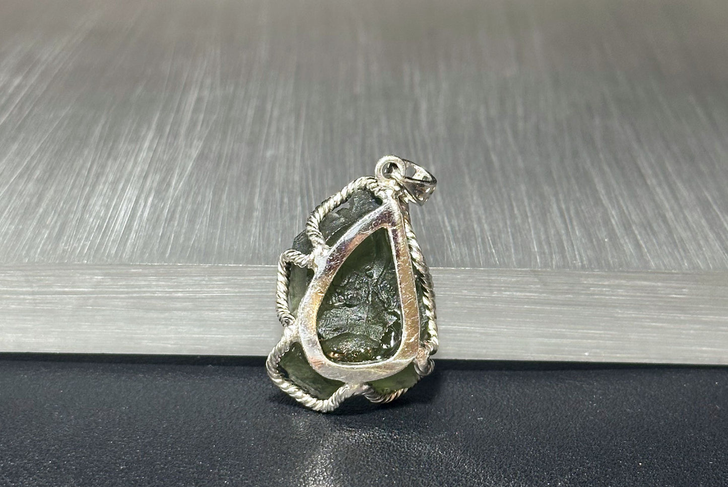 10.99Grams, Authentic Raw Moldavite tektite Silver Warpped Pendant, Real Raw Moldavite Pendant, 天然稀有捷克陨石原石手工包纯银吊坠