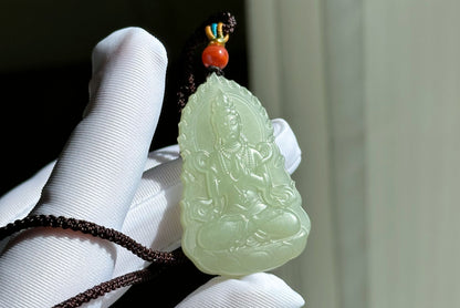 Certified Natural Qingshui Nephrite Jade Carved Guanyin Pendant, 天然晴水和田玉观音吊坠