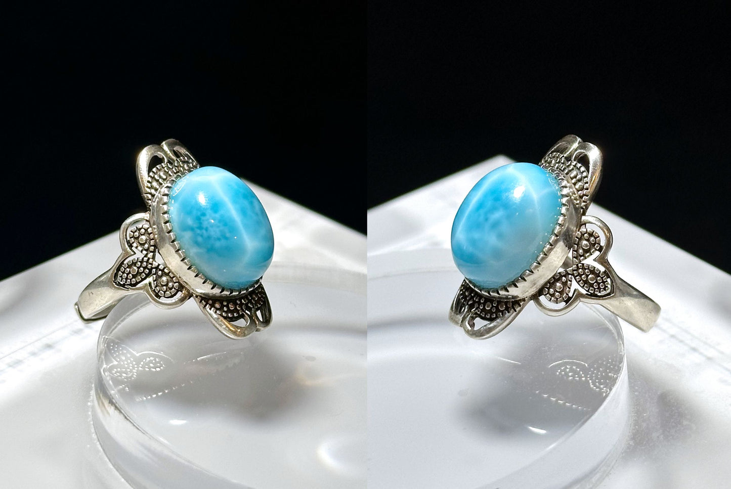 Natural Dominican High Quality Blue Larimar Silver Ring, Natural Larimar Ring, Silver Blue Larimar Ring, 天然高品质海纹石纯银戒指