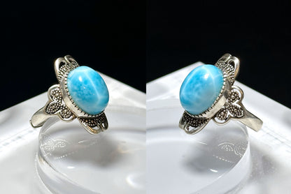Natural Dominican High Quality Blue Larimar Silver Ring, Natural Larimar Ring, Silver Blue Larimar Ring, 天然高品质海纹石纯银戒指