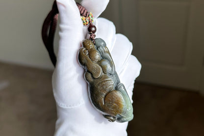 Certified Natural Loulan Nephrite Jade Hand-Carved Dog Handheld, 天然楼兰三色料手工雕刻狗手把件