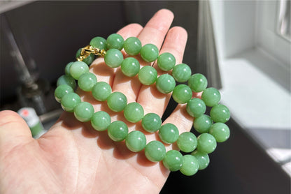 12mm, Certified Natural Powder Green Nephrite Jade Bead Necklace, 天然俄料7号矿色标粉绿项链
