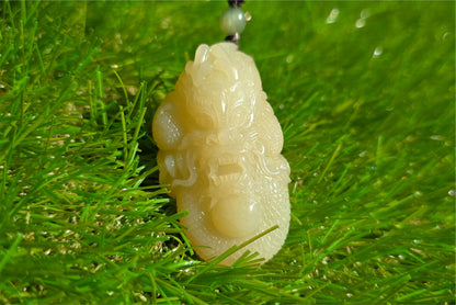 Certified Natural Ruoqiang yellow nephrite jade hand-carved dragon pendant, 天然若羌黄口和田玉手工雕刻龙吊住