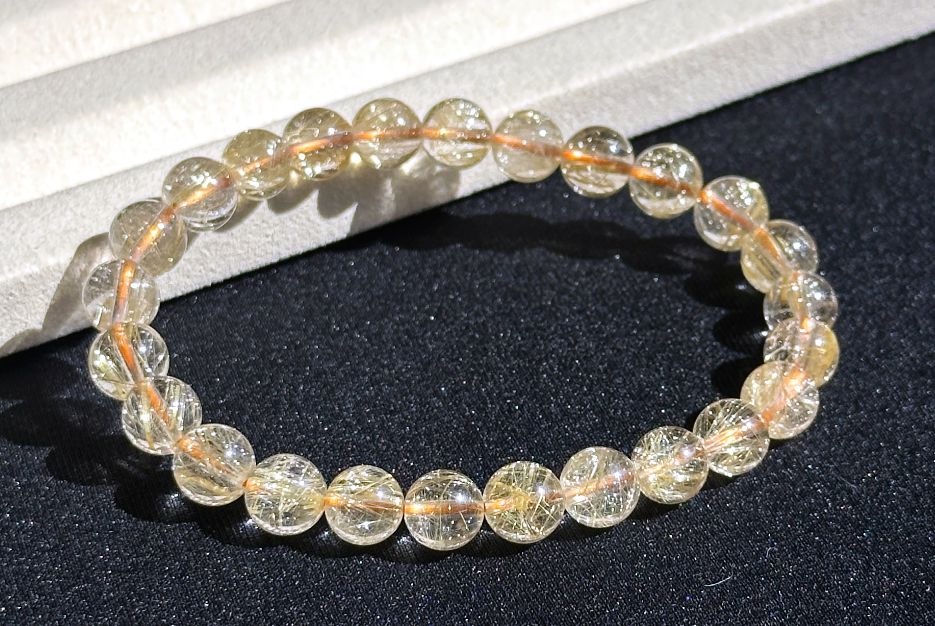 7.6mm+, Certified High Grade Natural gold rutilated quartz bracelet, Genuine Gold Rutilated Quartz, Rutilated Quartz bracelet, 天然白水体金发晶手串
