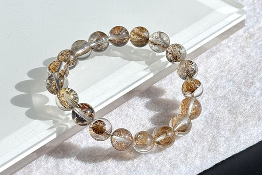 10.5mm+, Certified Natural Cypress Tree Scenic Pyrolusite and Hematoid in Quartz bracelet, ”Small Money Tree“,天然玻璃体发财树/小树胶花/軟錳礦膠花水晶手串