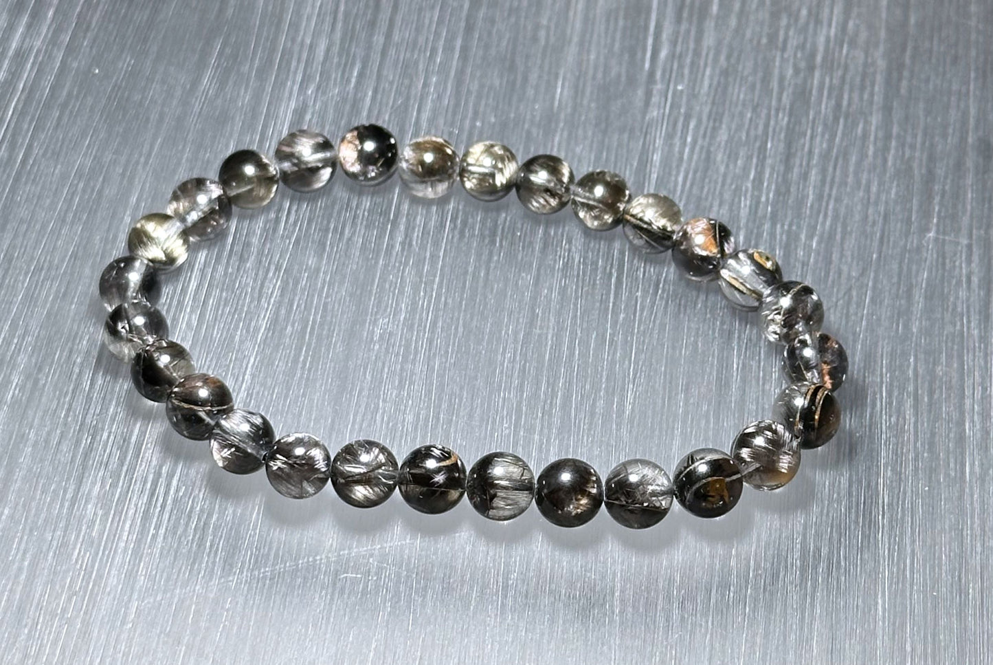 6.5mm+, Certified Rare Natural Top Grade Black Brookite Rutilated quartz Beads Bracelet, Silver Brookite in quartz bracelet, 收藏级黑银钛晶手串