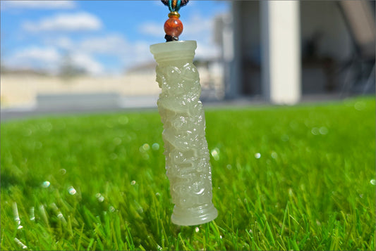Certified Natural Icy Qing Shui Nephrite Jade Carved Dragon Pillar Pendant, 天然晴水和田玉雕刻龙盘柱吊坠