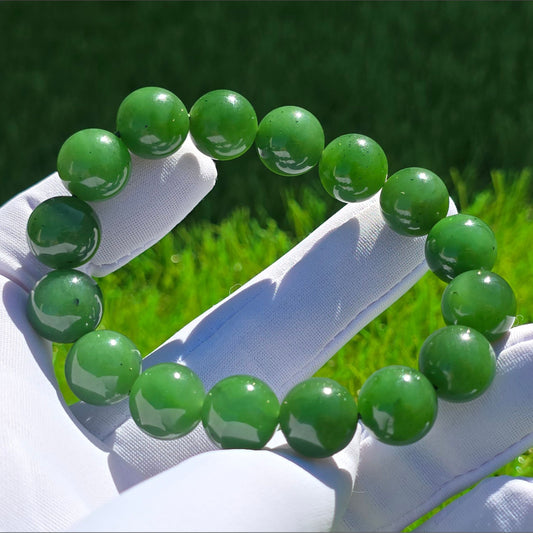 12mm, Certified Natural Untreated Green Nephrite Jade Beads Bracelet, 天然阳绿碧玉手串