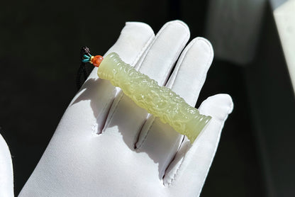 Certified Natural Icy Qing Shui Nephrite Jade Carved Dragon Pillar Pendant, 天然晴水和田玉雕刻龙盘柱吊坠