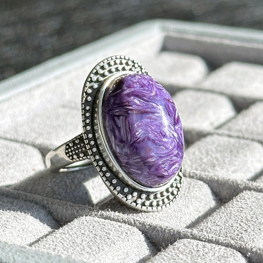 Natural Top Grade Charoite Silver Ring, Purple Charoite with best looking swirls patterns, Natural Charoite Ring, 天然收藏级俄罗斯紫龙晶纯银戒指