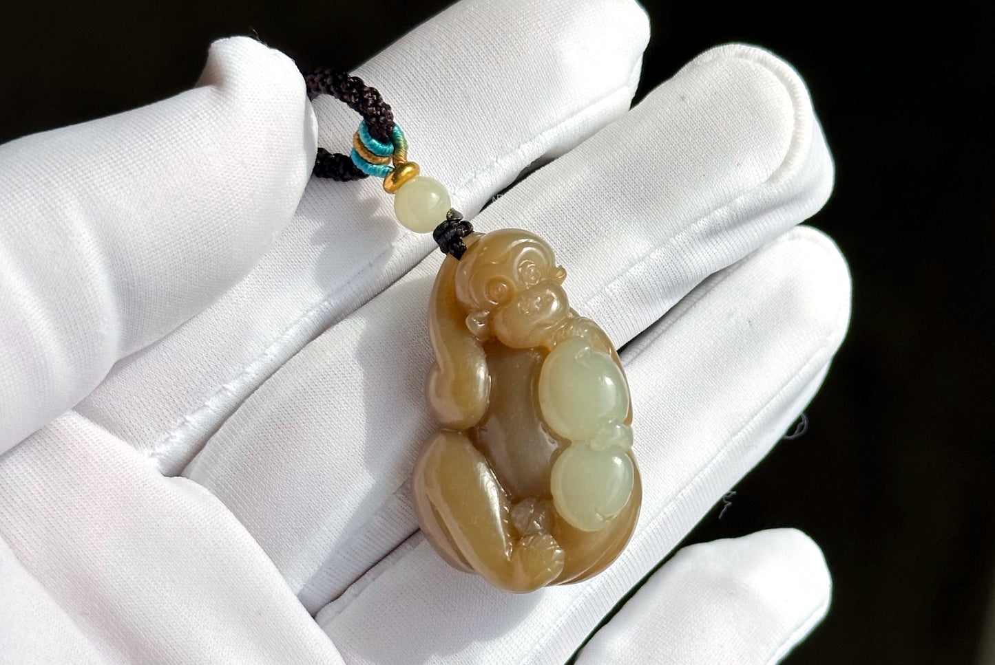Certified Natural Brown Sugar and White Nephrite Jade Hand-Carved Monkey Pendant