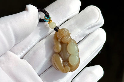 Certified Natural Brown Sugar and White Nephrite Jade Hand-Carved Monkey Pendant