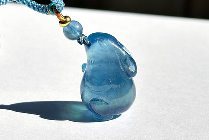 Certified Natural Blue Aquamarine Hand Carved Bunny Pendant, Aquamarine Rabbit Pendant, 天然魔鬼蓝海蓝宝兔宝宝吊坠