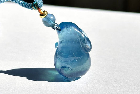 Certified Natural Blue Aquamarine Hand Carved Bunny Pendant, Aquamarine Rabbit Pendant, 天然魔鬼蓝海蓝宝兔宝宝吊坠