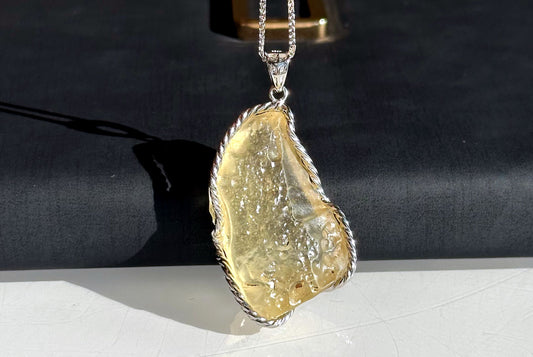 13.642 Grams, Natural Authentic Libyan Desert Glass Tektite Silver Wrapped Pendant, Raw Libyan Desert Glass Pendant, 天然利比亚黄金陨石原石吊坠
