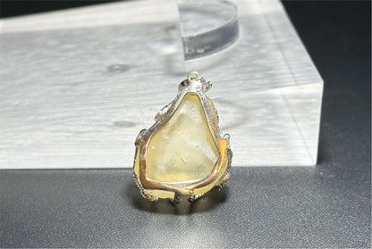 14.526Grams, Natural Authentic Libyan Desert Glass Tektite Silver Wrapped Pendant, Raw Libyan Desert Glass Pendant, 天然利比亚黄金陨石原石吊坠