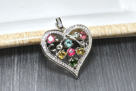 Natural Tourmaline S925 Sterling Silver Pendant, Tourmaline Pendant, Silver tourmaline pendant, Heart Shape Tourmaline Pendant, 天然碧玺纯银项链