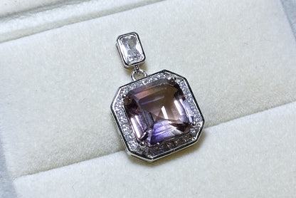 11x11-7carats, Certified Natural Ametrine Pendant, 925 Sterling Silver, Ametrine Asscher Cut Pendant, Untreated Ametrine Necklace, 天然紫黄晶吊坠