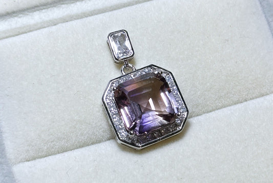 11x11-7carats, Certified Natural Ametrine Pendant, 925 Sterling Silver, Ametrine Asscher Cut Pendant, Untreated Ametrine Necklace, 天然紫黄晶吊坠