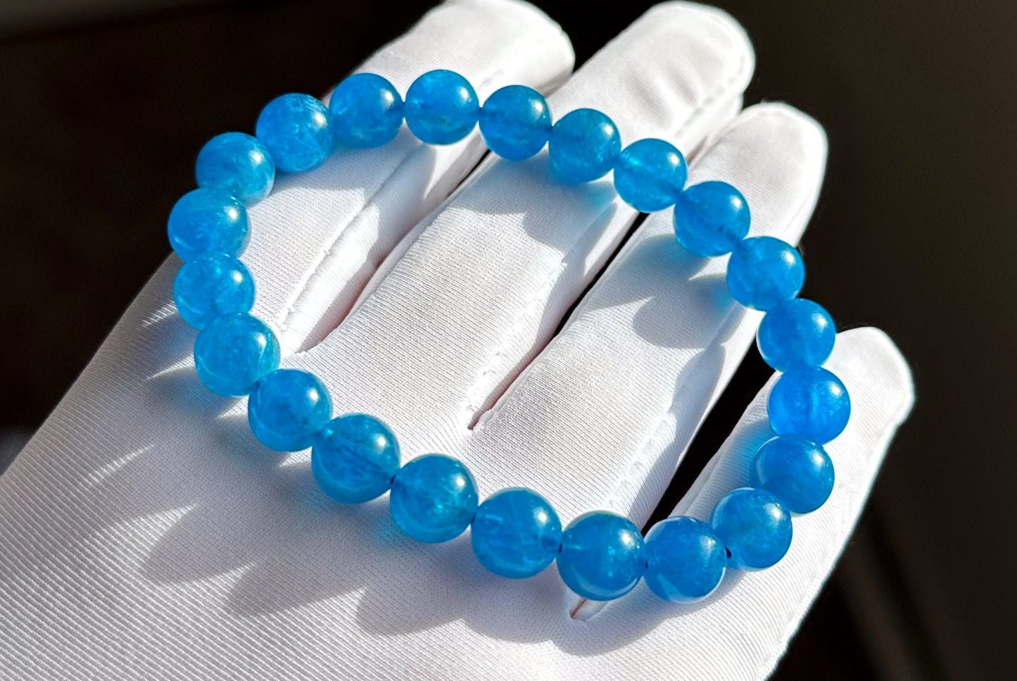 8.5mm+, Certified Natural Rich Deep Blue Apatite Bracelet, Natural Untreated Shimmering Blue Apatite Bracelet, AAA, 天然浓郁色蓝磷灰石手串 (Copy)