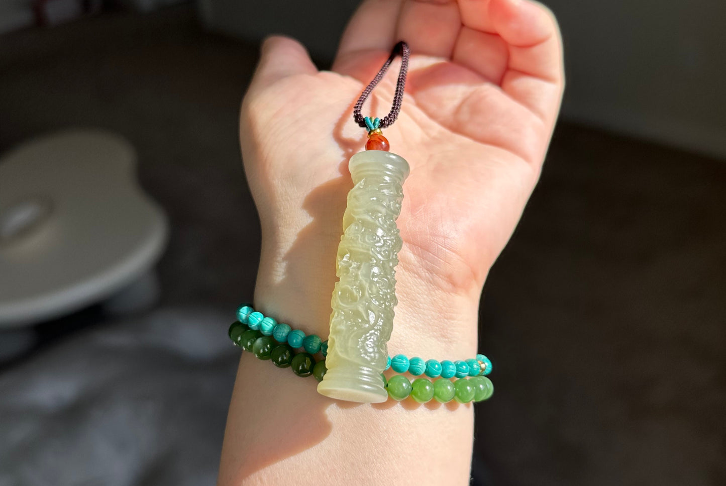 Certified Natural Icy Qing Shui Nephrite Jade Carved Dragon Pillar Pendant, 天然晴水和田玉雕刻龙盘柱吊坠