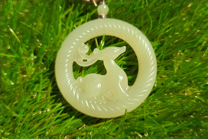 Certified Natural Qingshui Nephrite Jade Carved Deer Pendant, 天然白晴水和田玉雕刻梅花鹿圆牌吊坠