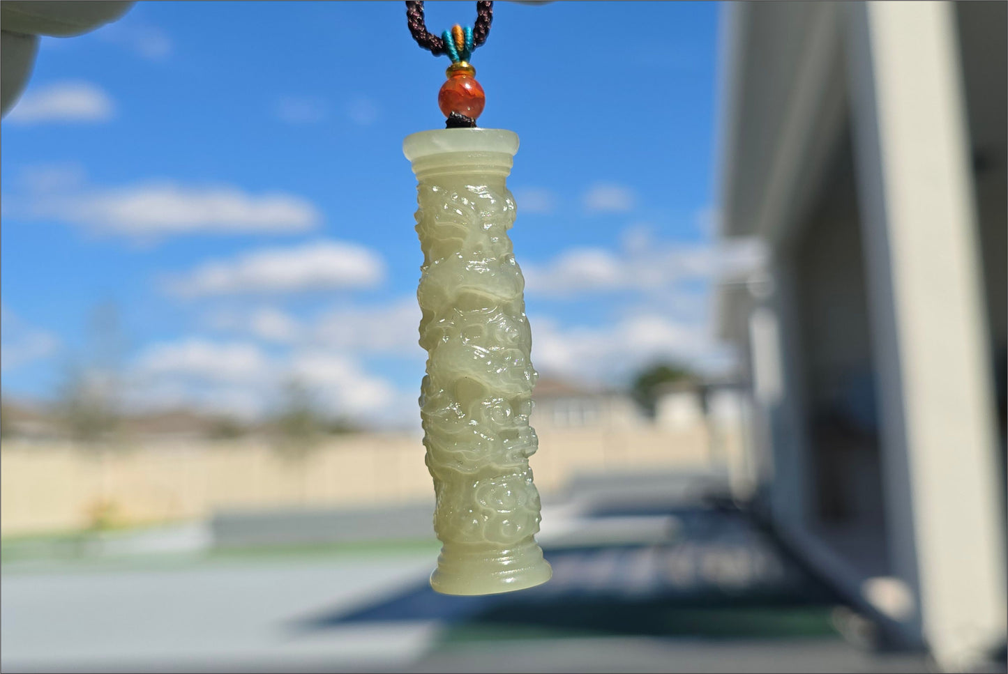 Certified Natural Icy Qing Shui Nephrite Jade Carved Dragon Pillar Pendant, 天然晴水和田玉雕刻龙盘柱吊坠
