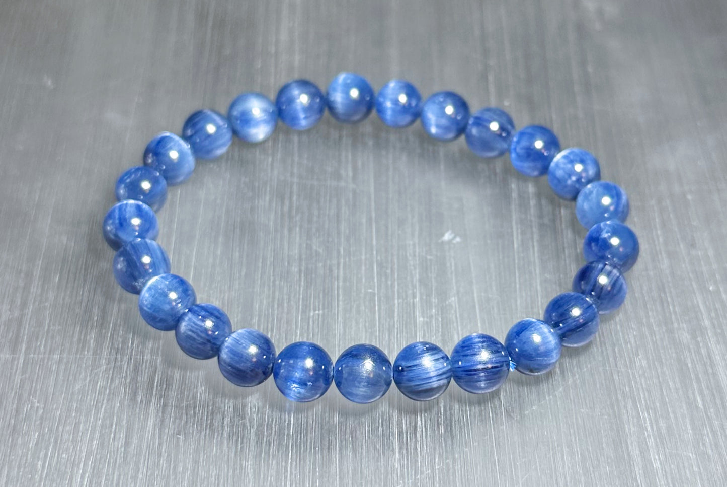 7.5mm+, Certified Undyed Top Grade Blue Kyanite Bracelet, Kyanite Bracelet, Full chatoyant Blue Kyanite, 天然无烤无染猫眼蓝晶石