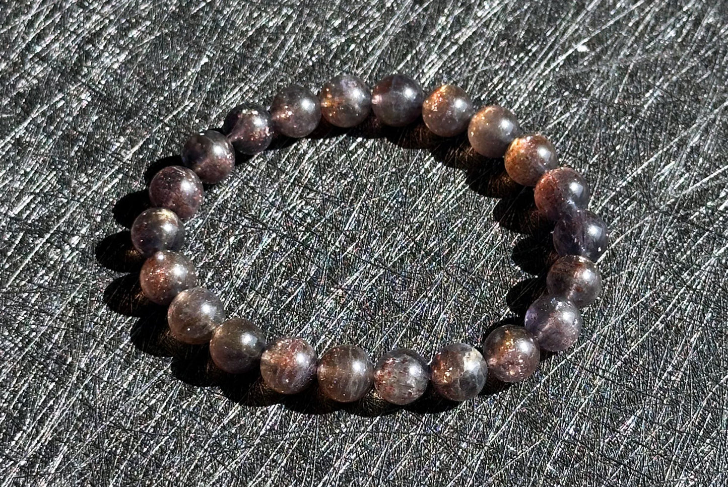 8.5mm+, Certified Natual Sunstone In Iolite Bracelet, "BLOODSHOT" IOLITE, Natural Cordierite Bracelet,  天然收藏级滴血堇青石金草莓堇青石手串