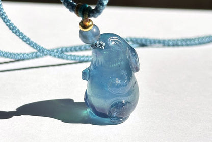 Certified Natural Blue Aquamarine Hand Carved Bunny Pendant, Aquamarine Rabbit Pendant, 天然魔鬼蓝海蓝宝兔宝宝吊坠