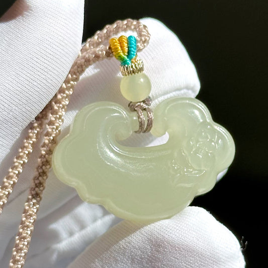 Certified Natural Qingshui Nephrite Jade Carved Lotus Peace Lock Pendant, Jade Lock Pendant, 天然和田玉冰晴水平安锁吊坠