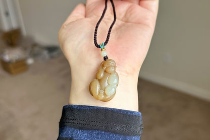 Certified Natural Brown Sugar and White Nephrite Jade Hand-Carved Monkey Pendant