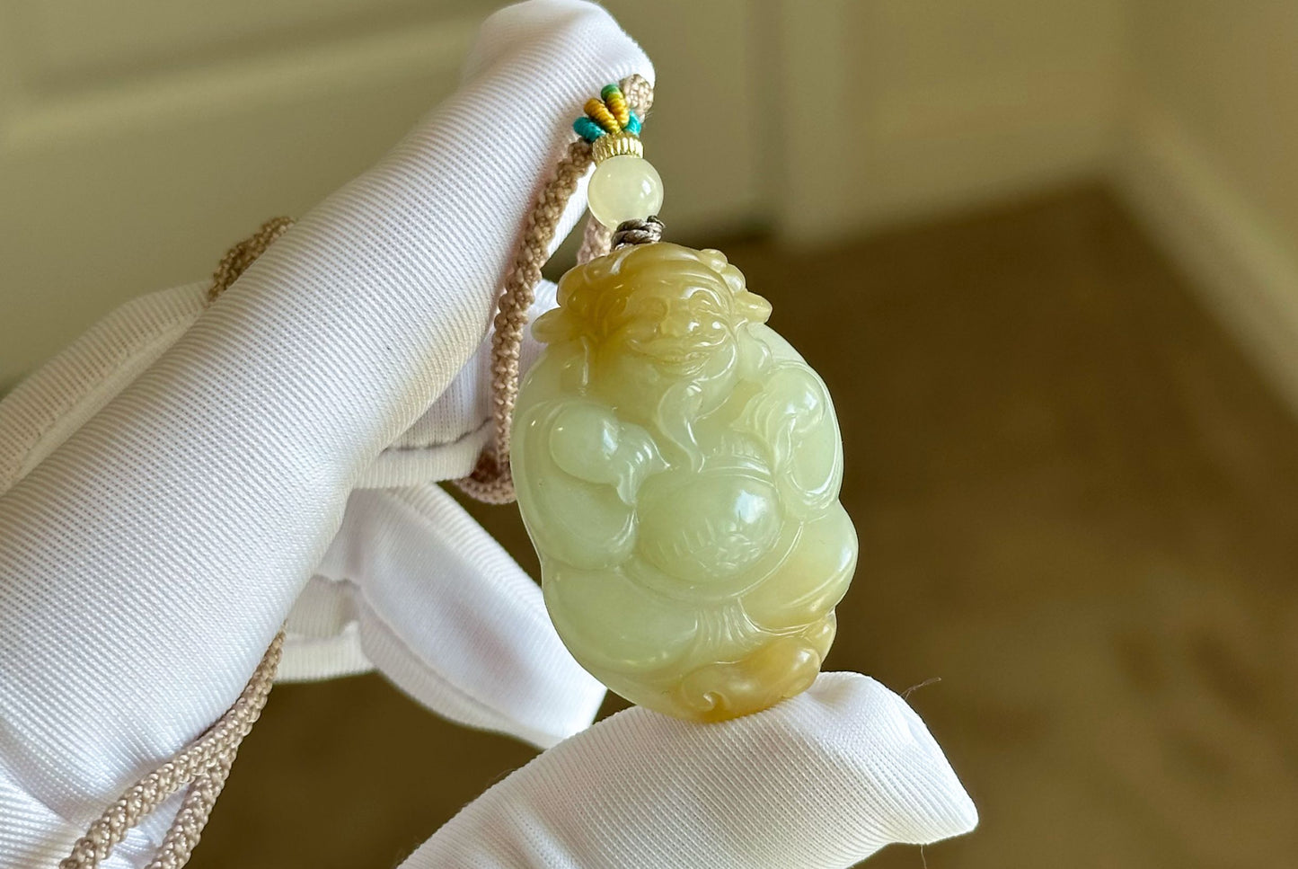 Certified Natural Qiemo Sugar-White Nephrite Jade Hand-Carved Caishen God of Wealth Pendant, 天然且末糖白天地糖手工雕刻财神吊坠