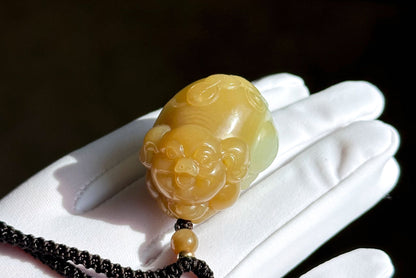 Certified Natural High-quality Qiemo Sugar-White Nephrite Jade Hand Carved "Fortune Pig" pendant, 天然精品且末糖白和田玉手工雕刻福猪吊坠