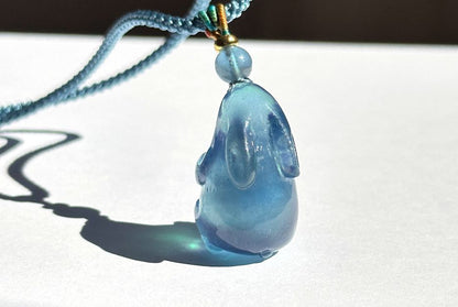 Certified Natural Blue Aquamarine Hand Carved Bunny Pendant, Aquamarine Rabbit Pendant, 天然魔鬼蓝海蓝宝兔宝宝吊坠