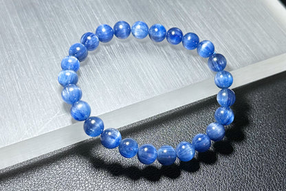 7.5mm+, Certified Undyed Top Grade Blue Kyanite Bracelet, Kyanite Bracelet, Full chatoyant Blue Kyanite, 天然无烤无染猫眼蓝晶石